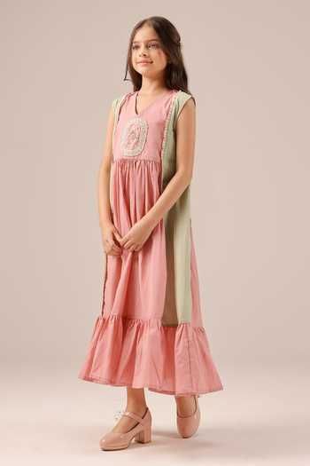 OurDve_Green Organza, Cotton Merry Checkered Coat And Dress Set _Online