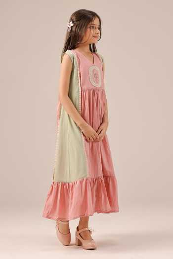 Buy_OurDve_Green Organza, Cotton Merry Checkered Coat And Dress Set _Online