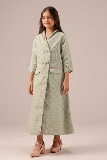 Buy_OurDve_Green Organza Merry Checkered Double Breasted Coat _at_Aza_Fashions