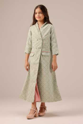 Buy_OurDve_Green Organza Merry Checkered Double Breasted Coat _Online_at_Aza_Fashions