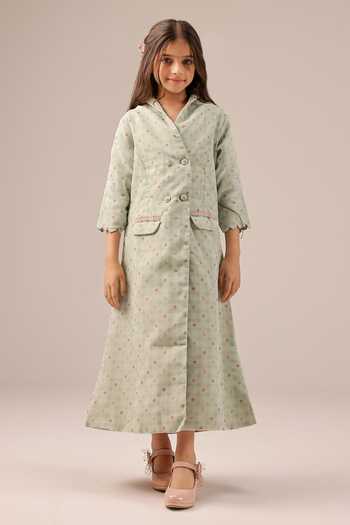 Shop_OurDve_Green Organza Merry Checkered Double Breasted Coat _at_Aza_Fashions