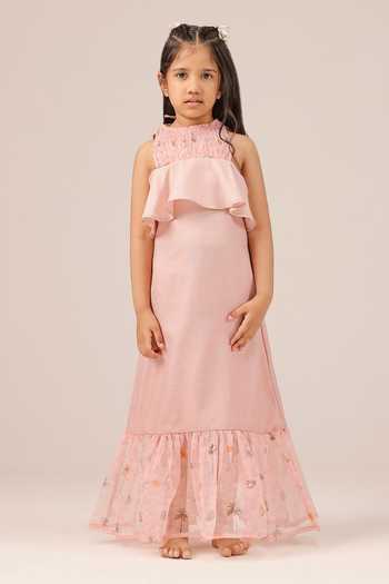 OurDve_Pink Linen Palm Pop Short Jacket And Smocked Dress Set _Online_at_Aza_Fashions