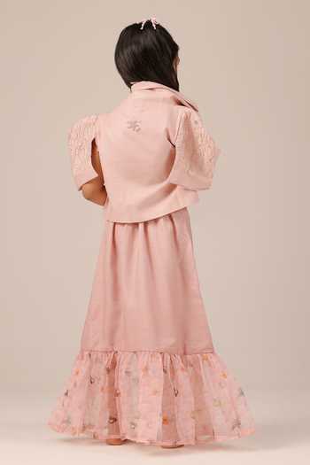 Shop_OurDve_Pink Linen Palm Pop Short Jacket And Smocked Dress Set _at_Aza_Fashions