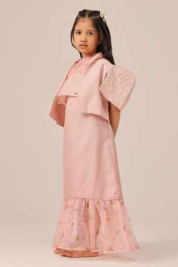Buy_OurDve_Pink Linen Palm Pop Short Jacket And Smocked Dress Set _Online_at_Aza_Fashions