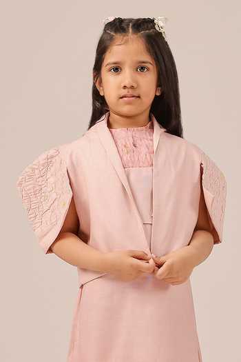 Shop_OurDve_Pink Linen Palm Pop Short Jacket And Smocked Dress Set _Online_at_Aza_Fashions