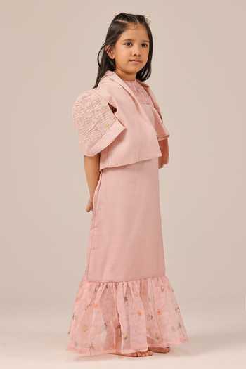 OurDve_Pink Linen Palm Pop Short Jacket And Smocked Dress Set _at_Aza_Fashions