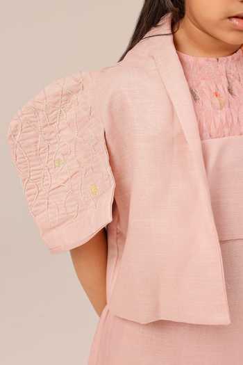 Buy_OurDve_Pink Linen Palm Pop Short Jacket And Smocked Dress Set 