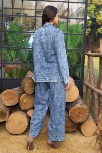 Dash And Dot_Blue Cotton Notched , Scoop Organic Jacket And Pant Set _Online_at_Aza_Fashions