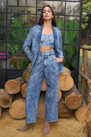 Shop_Dash And Dot_Blue Cotton Notched , Scoop Organic Jacket And Pant Set _Online_at_Aza_Fashions
