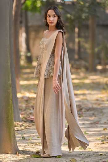 Shop_Dash And Dot_Brown Viscose, Linen Pleated Pre-draped Saree _Online_at_Aza_Fashions