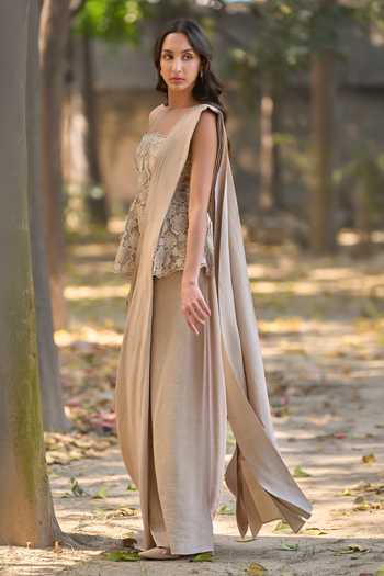 Buy_Dash And Dot_Brown Linen, Viscose, Polyester Square Corded Lace Blouse And Pre-draped Saree Set _Online_at_Aza_Fashions