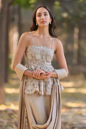 Buy_Dash And Dot_Brown Linen, Viscose, Polyester Square Corded Lace Blouse And Pre-draped Saree Set 