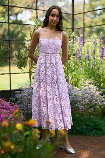 Dash And Dot_Purple Viscose Square Neck Corded Lace Midi Dress _at_Aza_Fashions