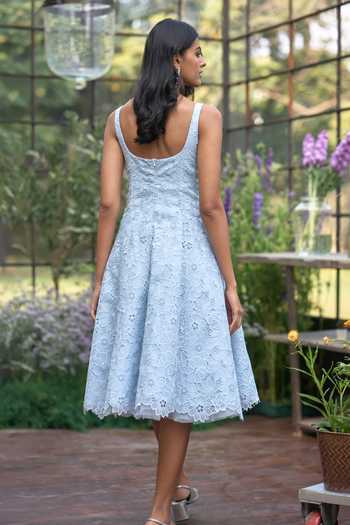 Dash And Dot_Blue Viscose Square Neck Cutwork Lace Midi Dress _Online_at_Aza_Fashions