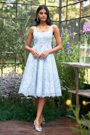 Buy_Dash And Dot_Blue Viscose Square Neck Cutwork Lace Midi Dress _at_Aza_Fashions