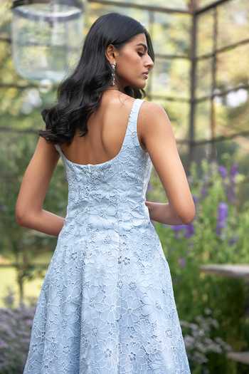 Shop_Dash And Dot_Blue Viscose Square Neck Cutwork Lace Midi Dress 
