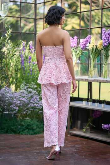Dash And Dot_Pink Viscose Bandeau Neck Lace Work Peplum Top And Pant Set _Online_at_Aza_Fashions