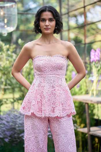 Shop_Dash And Dot_Pink Viscose Bandeau Neck Lace Work Peplum Top And Pant Set _Online_at_Aza_Fashions