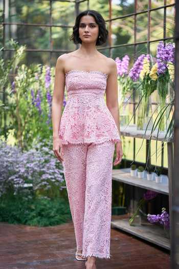Buy_Dash And Dot_Pink Viscose Bandeau Neck Lace Work Peplum Top And Pant Set _at_Aza_Fashions