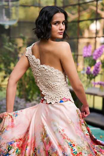 Dash And Dot_Beige Polyester Asymmetric Neck, One Crochet Floral Print Top And Skirt Set _at_Aza_Fashions