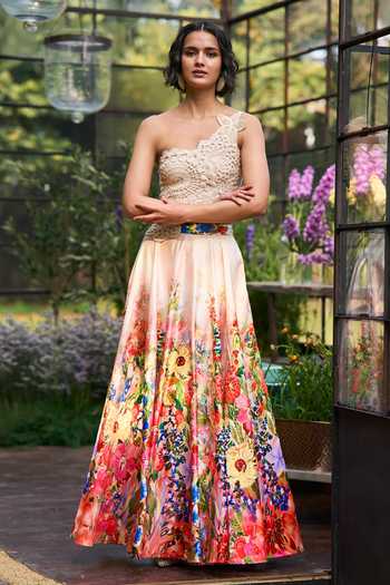 Dash And Dot_Beige Polyester Asymmetric Neck, One Crochet Floral Print Top And Skirt Set _Online