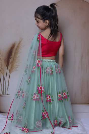 Shop_Little Loom_Green Cotton, Satin, Net One Shoulder Draped Blouse And Lehenga Set _at_Aza_Fashions