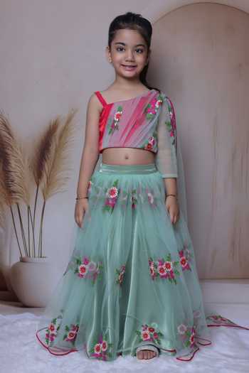 Buy_Little Loom_Green Cotton, Satin, Net One Shoulder Draped Blouse And Lehenga Set _Online_at_Aza_Fashions