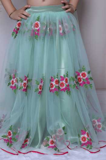 Shop_Little Loom_Green Cotton, Satin, Net One Shoulder Draped Blouse And Lehenga Set _Online_at_Aza_Fashions