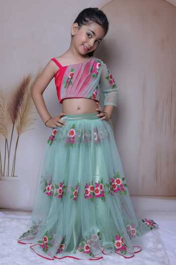 Buy_Little Loom_Green Cotton, Satin, Net One Shoulder Draped Blouse And Lehenga Set 