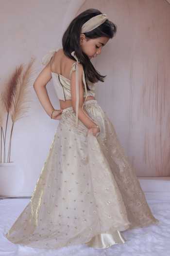 Little Loom_Beige Silk, Satin Ruffle Blouse And Embellished Lehenga Set _Online_at_Aza_Fashions
