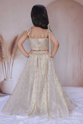 Shop_Little Loom_Beige Silk, Satin Ruffle Blouse And Embellished Lehenga Set _at_Aza_Fashions