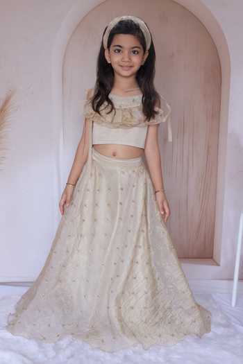 Buy_Little Loom_Beige Silk, Satin Ruffle Blouse And Embellished Lehenga Set _Online_at_Aza_Fashions