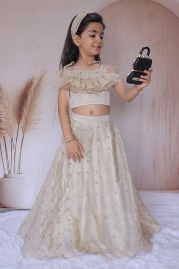 Buy_Little Loom_Beige Silk, Satin Ruffle Blouse And Embellished Lehenga Set _at_Aza_Fashions