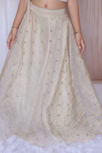 Buy_Little Loom_Beige Silk, Satin Ruffle Blouse And Embellished Lehenga Set 