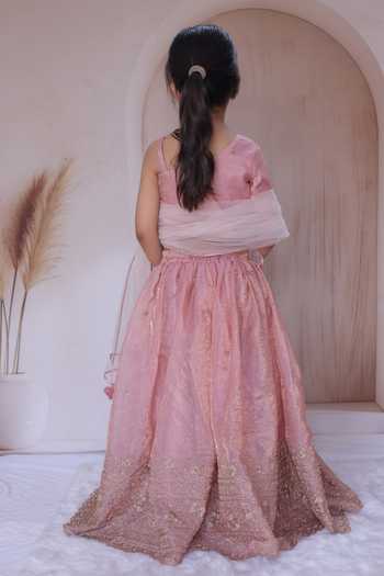 Shop_Little Loom_Peach Floral Embroidered Lehenga Set _at_Aza_Fashions