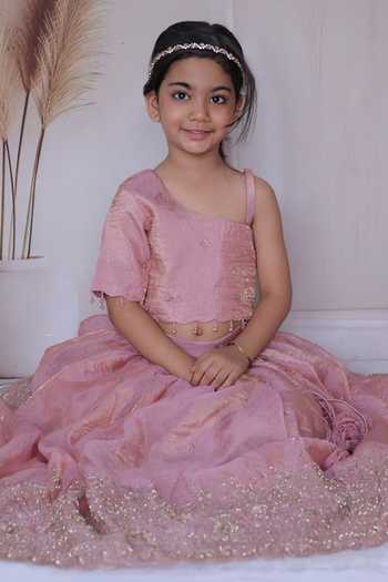 Little Loom_Peach Floral Embroidered Lehenga Set _Online_at_Aza_Fashions