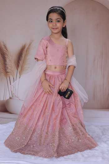Buy_Little Loom_Peach Floral Embroidered Lehenga Set _at_Aza_Fashions