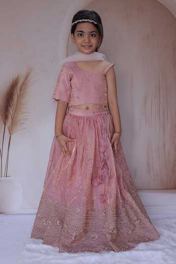 Shop_Little Loom_Peach Floral Embroidered Lehenga Set _Online_at_Aza_Fashions