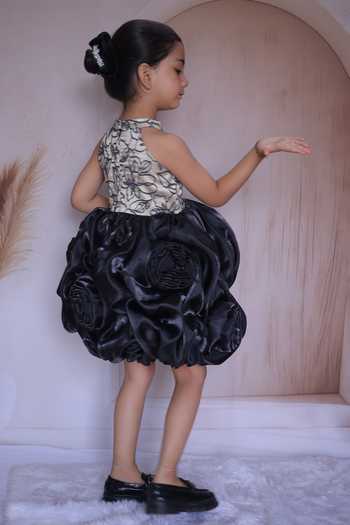 Shop_Little Loom_Black Rose Pattern Structured Frock Dress _at_Aza_Fashions