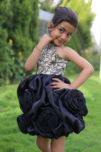 Buy_Little Loom_Black Rose Pattern Structured Frock Dress _Online_at_Aza_Fashions