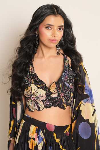 Buy_Esha L Amin_Black Crepe, Viscose Embroidery, Sequins Sweetheart Neck Floral Bralette _at_Aza_Fashions