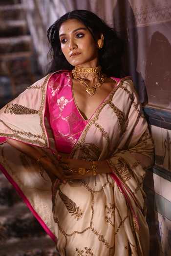 Buy_Shorshe Clothing_Pink Brocade Nina Hot Blouse _Online_at_Aza_Fashions