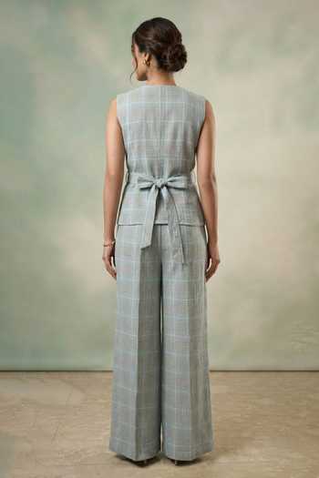 Shop_Nidhi Kejriwal_Blue Cotton Round Neck Checkered Shirt And Trouser Co-ord Set _at_Aza_Fashions