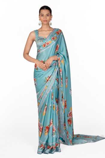 Buy_The Whole Nine Yards_Blue Silk, Satin Sweetheart Neck Liora Printed Saree With Blouse _at_Aza_Fashions