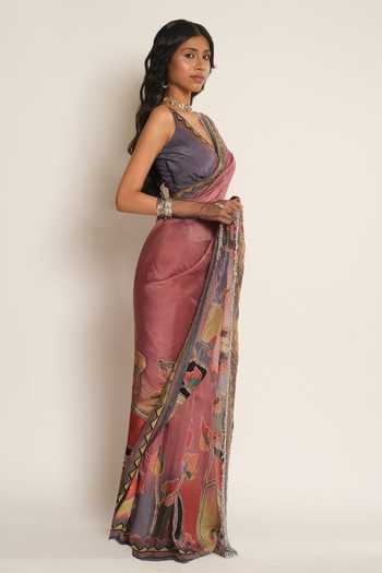 Shop_Esha L Amin_Blue Crepe, Viscose V-neck Chevron Pattern Blouse _at_Aza_Fashions