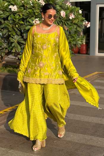 Buy_Pink City by Sarika_Green , Satin Embroidery, Metallic Thread Strappy Sunflower Sharara Set _at_Aza_Fashions