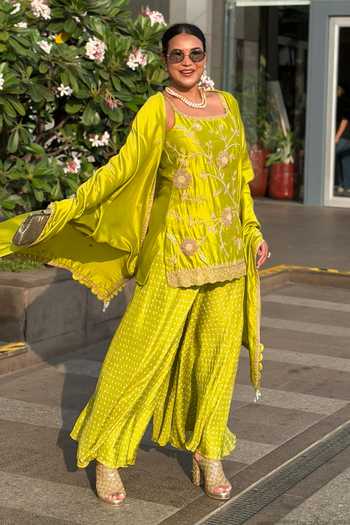 Shop_Pink City by Sarika_Green , Satin Embroidery, Metallic Thread Strappy Sunflower Sharara Set _Online_at_Aza_Fashions