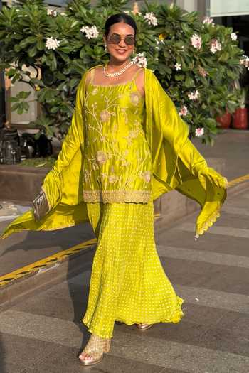 Pink City by Sarika_Green , Satin Embroidery, Metallic Thread Strappy Sunflower Sharara Set _at_Aza_Fashions