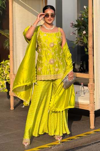 Buy_Pink City by Sarika_Green , Satin Embroidery, Metallic Thread Strappy Sunflower Sharara Set 