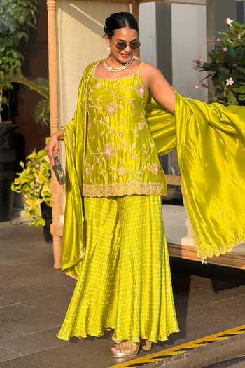 Pink City by Sarika_Green , Satin Embroidery, Metallic Thread Strappy Sunflower Sharara Set _Online